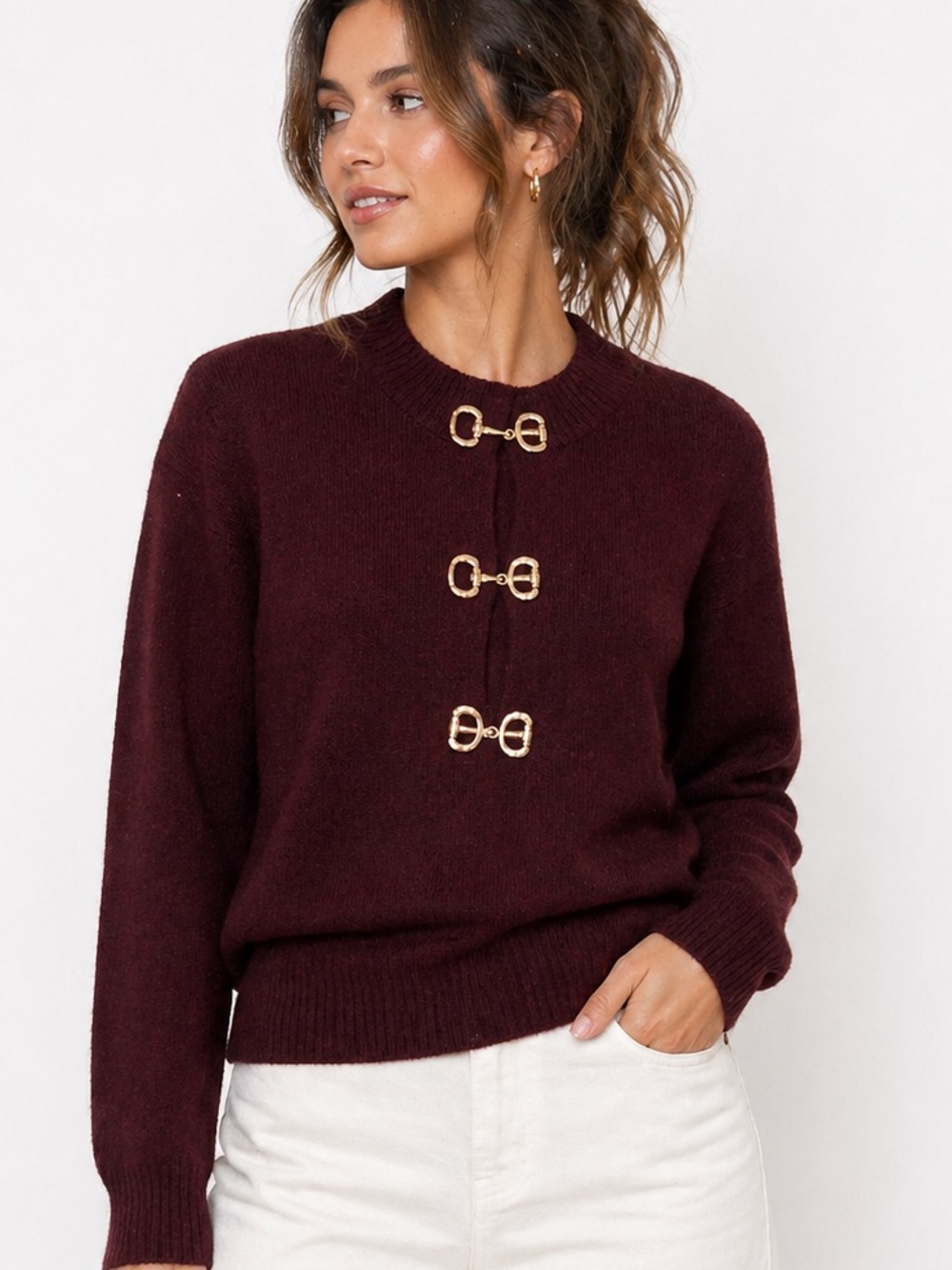 R789. New  Crewneck Sweater with Gold Buckle Detail - Burgundy